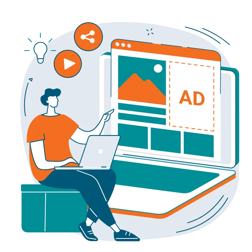 Illustration of a person using a laptop to design an online ad on a webpage, symbolizing PPC and online paid advertising strategies