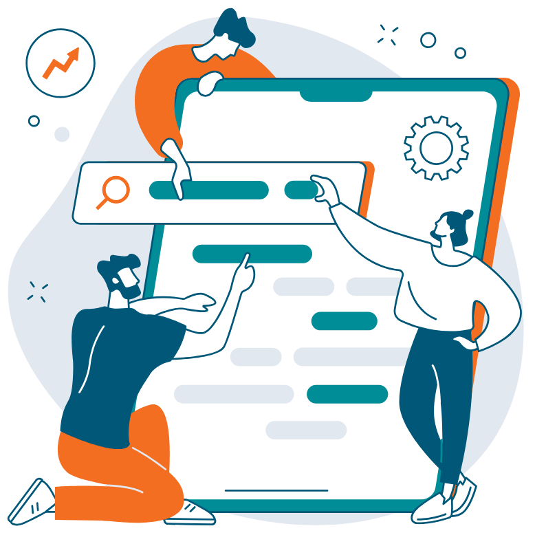 illustration of three people collaborating on a large webpage layout, symbolizing teamwork in SEO and website optimization