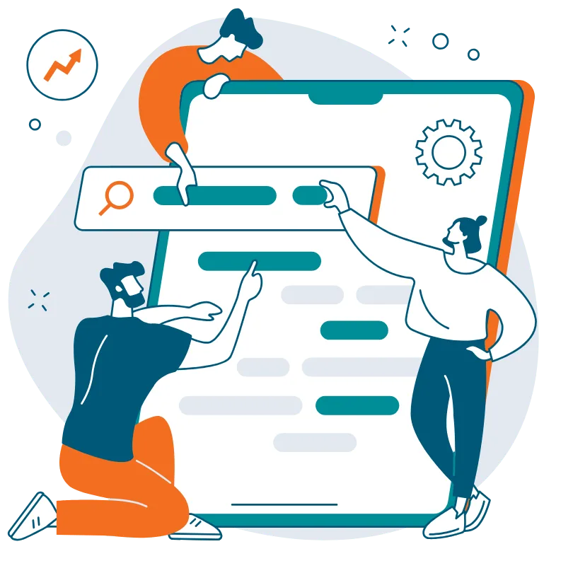 illustration of three people collaborating on a large webpage layout, symbolizing teamwork in SEO and website optimization