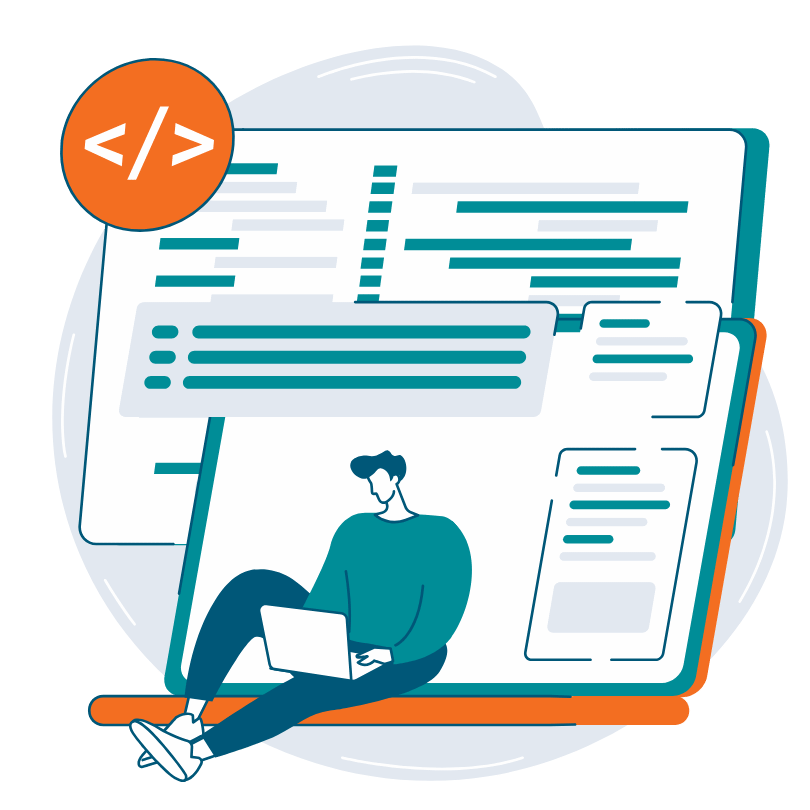 Illustration of a person working on a laptop with code and website elements in the background, representing web maintenance and webmaster tasks