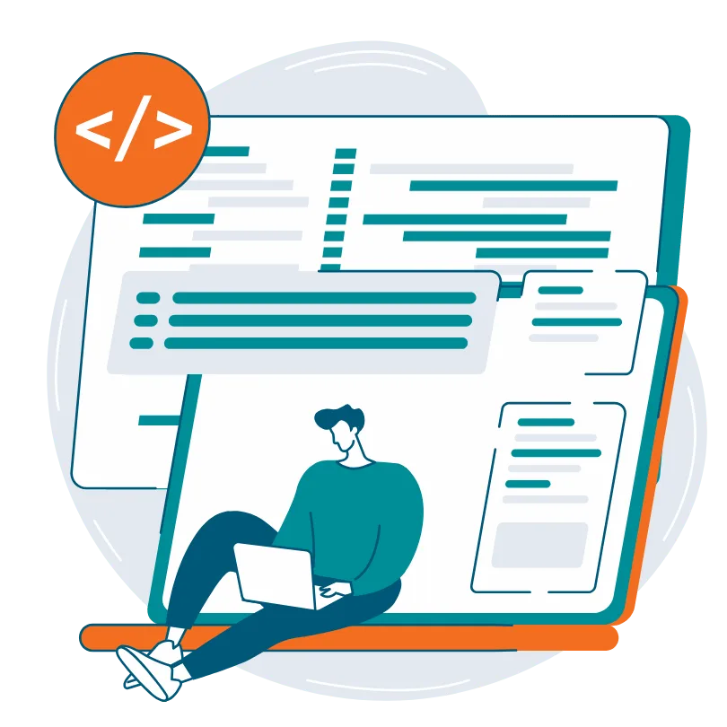 Illustration of a person working on a laptop with code and website elements in the background, representing web maintenance and webmaster tasks