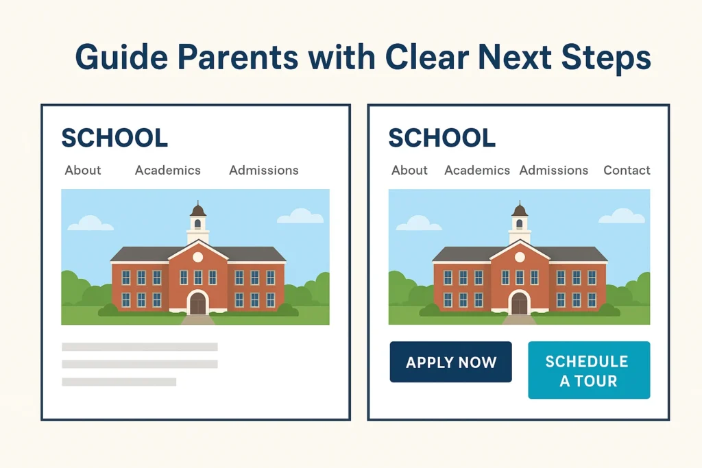 Comparison of school homepage with and without clear calls-to-action buttons