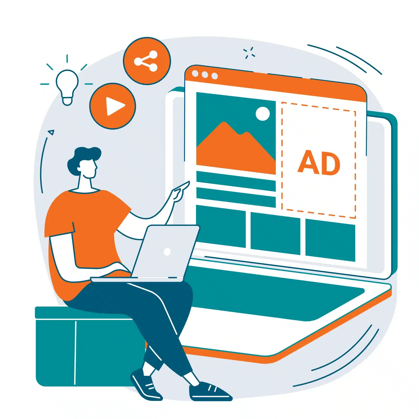 school-online-ppc-advertising-services Illustration of a person using a laptop to design an online ad on a webpage, symbolizing PPC and online paid advertising