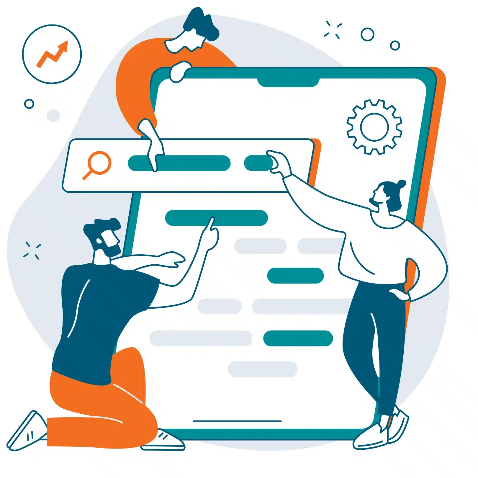 school-seo-website-optimization illustration of three people collaborating on a large webpage layout, symbolizing teamwork in SEO and website optimization