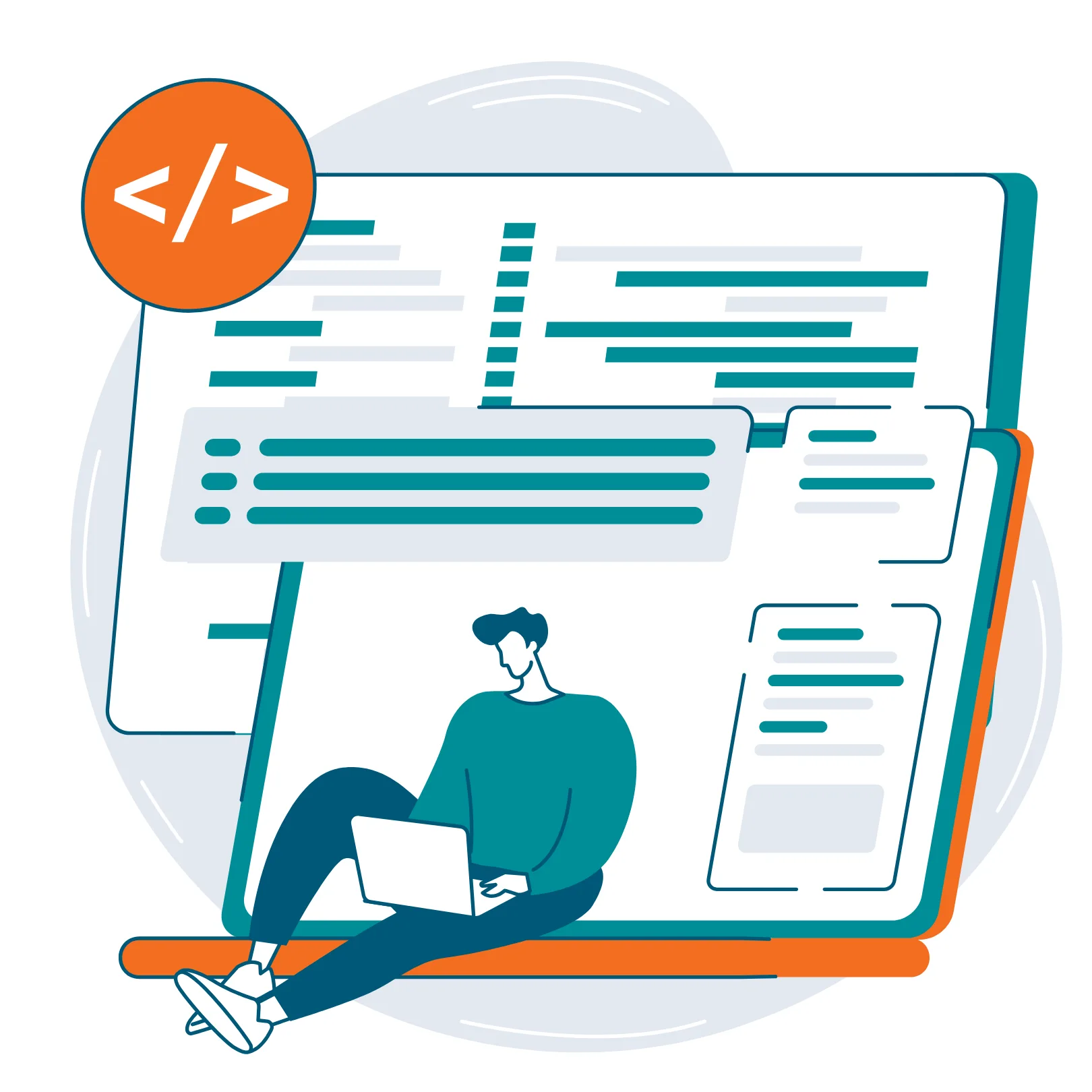 school-website-digital-presence-management Illustration of a person working on a laptop with code and website elements in the background, representing web